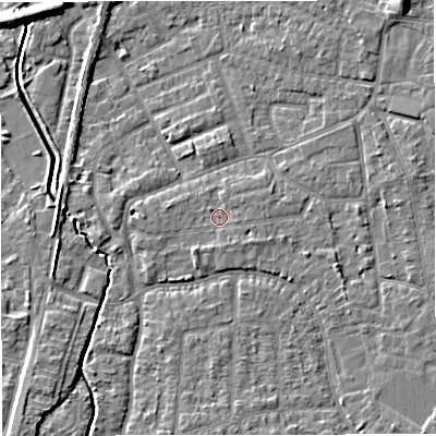Shaded relief map of the ground around WA156RW, computed from Environment Agency LiDAR. The ground here sits at about 27 m above sea level and falls 7 m across the surrounding 800 m. Surface water reaching this point runs off ground lying to the south-east, 1.4 m higher.
