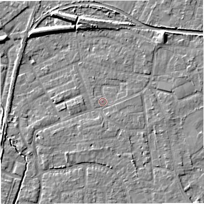 Shaded relief map of the ground around WA156RX, computed from Environment Agency LiDAR. The ground here sits at about 26 m above sea level and falls 8 m across the surrounding 800 m. Surface water reaching this point runs off ground lying to the south-south-east, 2.8 m higher.