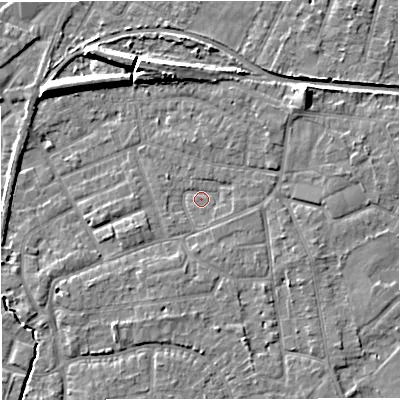 Shaded relief map of the ground around WA156RY, computed from Environment Agency LiDAR. The ground here sits at about 26 m above sea level and falls 8 m across the surrounding 800 m. Surface water reaching this point runs off ground lying to the east, 2.7 m higher.