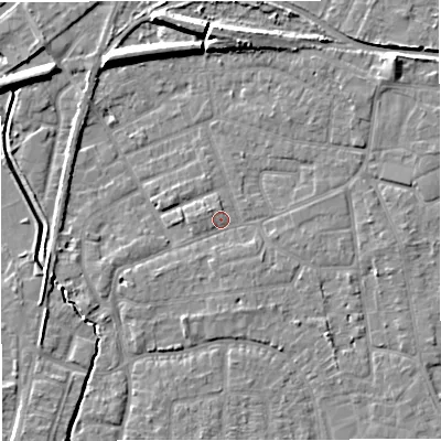 Shaded relief map of the ground around WA156RZ, computed from Environment Agency LiDAR. The ground here sits at about 27 m above sea level and falls 8 m across the surrounding 800 m. Surface water reaching this point runs off ground lying to the south-east, 3.3 m higher.