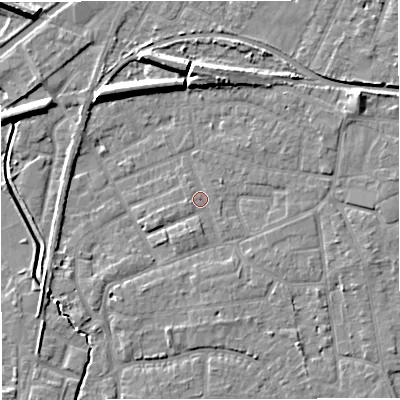 Shaded relief map of the ground around WA156SA, computed from Environment Agency LiDAR. The ground here sits at about 26 m above sea level and falls 8 m across the surrounding 800 m. Surface water reaching this point runs off ground lying to the south-east, 3.7 m higher.