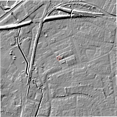 Shaded relief map of the ground around WA156SB, computed from Environment Agency LiDAR. The ground here sits at about 26 m above sea level and falls 9 m across the surrounding 800 m. Surface water reaching this point runs off ground lying to the south-east, 3.7 m higher.