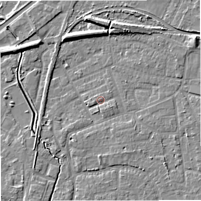 Shaded relief map of the ground around WA156SD, computed from Environment Agency LiDAR. The ground here sits at about 26 m above sea level and falls 9 m across the surrounding 800 m. Surface water reaching this point runs off ground lying to the south-east, 3.7 m higher.