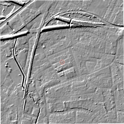 Shaded relief map of the ground around WA156SE, computed from Environment Agency LiDAR. The ground here sits at about 26 m above sea level and falls 9 m across the surrounding 800 m. Surface water reaching this point runs off ground lying to the south-east, 3.7 m higher.