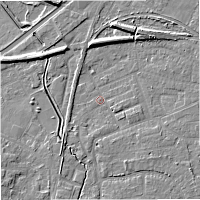 Shaded relief map of the ground around WA156SF, computed from Environment Agency LiDAR. The ground here sits at about 25 m above sea level and falls 9 m across the surrounding 800 m. Surface water reaching this point runs off ground lying to the north-east, 6.7 m higher.