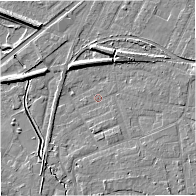 Shaded relief map of the ground around WA156SG, computed from Environment Agency LiDAR. The ground here sits at about 25 m above sea level and falls 9 m across the surrounding 800 m. Surface water reaching this point runs off ground lying to the north-east, 6.7 m higher.