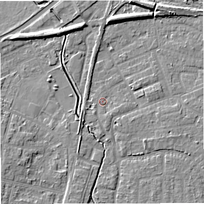 Shaded relief map of the ground around WA156SJ, computed from Environment Agency LiDAR. The ground here sits at about 26 m above sea level and falls 9 m across the surrounding 800 m. Surface water reaching this point runs off ground lying to the west-south-west, 1.9 m higher.