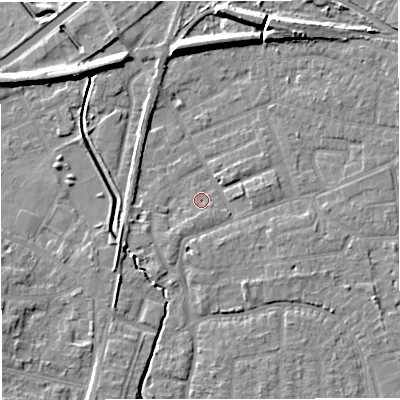 Shaded relief map of the ground around WA156SL, computed from Environment Agency LiDAR. The ground here sits at about 26 m above sea level and falls 9 m across the surrounding 800 m. Surface water reaching this point runs off ground lying to the east-south-east, 3.7 m higher.