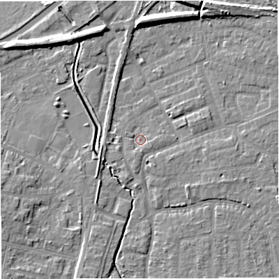 Shaded relief map of the ground around WA156SN, computed from Environment Agency LiDAR. The ground here sits at about 26 m above sea level and falls 9 m across the surrounding 800 m. Surface water reaching this point runs off ground lying to the east-south-east, 3.7 m higher.