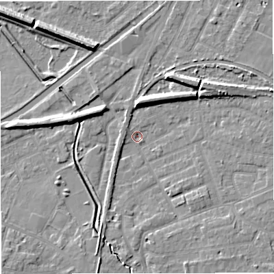 Shaded relief map of the ground around WA156SQ, computed from Environment Agency LiDAR. The ground here sits at about 24 m above sea level and falls 9 m across the surrounding 800 m. Surface water reaching this point runs off ground lying to the north-east, 1.7 m higher.