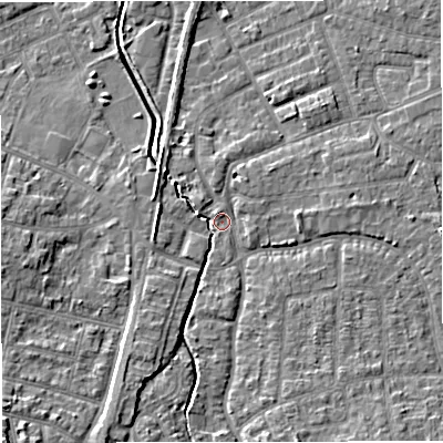 Shaded relief map of the ground around WA156ST, computed from Environment Agency LiDAR. The ground here sits at about 26 m above sea level and falls 10 m across the surrounding 800 m. Surface water reaching this point runs off ground lying to the south-south-west, 5.1 m higher.