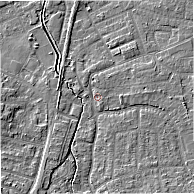 Shaded relief map of the ground around WA156SU, computed from Environment Agency LiDAR. The ground here sits at about 27 m above sea level and falls 9 m across the surrounding 800 m. Surface water reaching this point runs off ground lying to the south-south-west, 4.8 m higher.