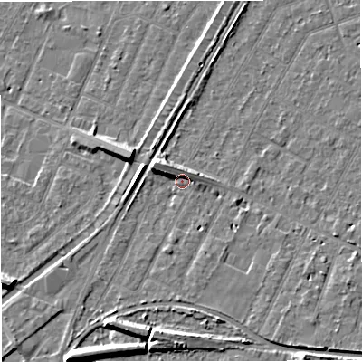 Shaded relief map of the ground around WA156TB, computed from Environment Agency LiDAR. The ground here sits at about 26 m above sea level and falls 9 m across the surrounding 800 m. Surface water reaching this point runs off ground lying to the west-north-west, 6.2 m higher.