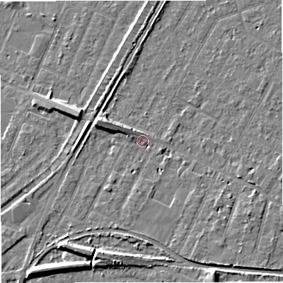 Shaded relief map of the ground around WA156TE, computed from Environment Agency LiDAR. The ground here sits at about 26 m above sea level and falls 9 m across the surrounding 800 m. Surface water reaching this point runs off ground lying to the west-north-west, 2.2 m higher.