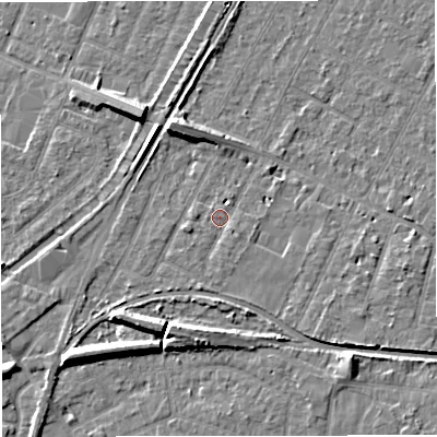 Shaded relief map of the ground around WA156TH, computed from Environment Agency LiDAR. The ground here sits at about 26 m above sea level and falls 9 m across the surrounding 800 m. Surface water reaching this point runs off ground lying to the south-east, 1.8 m higher.