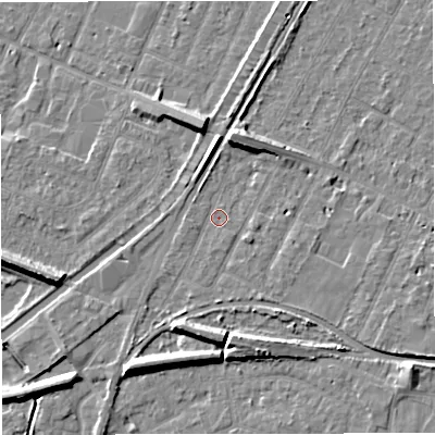 Shaded relief map of the ground around WA156TP, computed from Environment Agency LiDAR. The ground here sits at about 26 m above sea level and falls 9 m across the surrounding 800 m. Surface water reaching this point runs off ground lying to the north, 6.2 m higher.