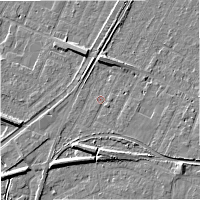Shaded relief map of the ground around WA156TR, computed from Environment Agency LiDAR. The ground here sits at about 26 m above sea level and falls 9 m across the surrounding 800 m. Surface water reaching this point runs off ground lying to the south, 2.2 m higher.