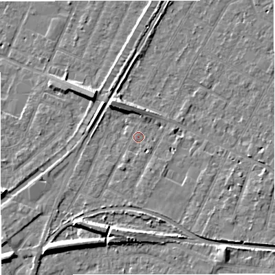 Shaded relief map of the ground around WA156TS, computed from Environment Agency LiDAR. The ground here sits at about 26 m above sea level and falls 9 m across the surrounding 800 m. Surface water reaching this point runs off ground lying to the south-south-west, 2.2 m higher.