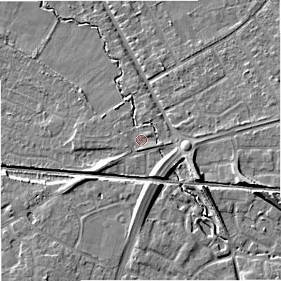 Shaded relief map of the ground around WA156UG, computed from Environment Agency LiDAR. The ground here sits at about 30 m above sea level and falls 10 m across the surrounding 800 m. Surface water reaching this point runs off ground lying to the south-south-east, 6.8 m higher.