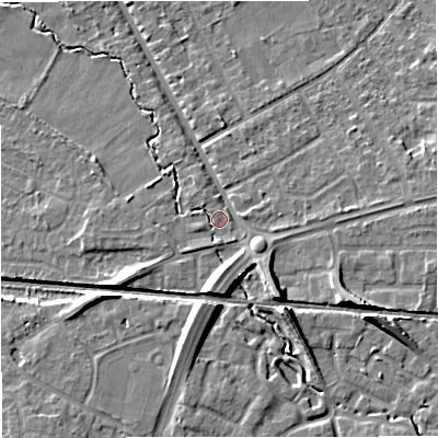 Shaded relief map of the ground around WA156UH, computed from Environment Agency LiDAR. The ground here sits at about 30 m above sea level and falls 10 m across the surrounding 800 m. Surface water reaching this point runs off ground lying to the south-south-west, 1.6 m higher.
