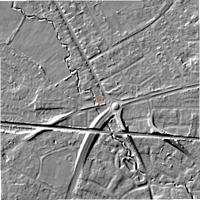 Shaded relief map of the ground around WA156UQ, computed from Environment Agency LiDAR. The ground here sits at about 30 m above sea level and falls 10 m across the surrounding 800 m. Surface water reaching this point runs off ground lying to the south-west, 1.5 m higher.