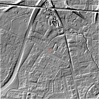 Shaded relief map of the ground around WA157DA, computed from Environment Agency LiDAR. The ground here sits at about 31 m above sea level and falls 10 m across the surrounding 800 m. Surface water reaching this point runs off ground lying to the east-south-east, 1.6 m higher.
