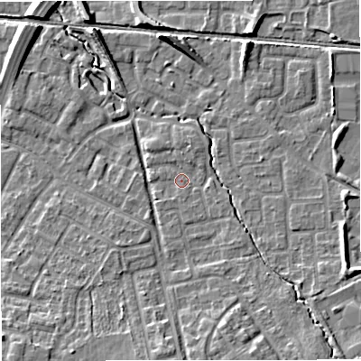 Shaded relief map of the ground around WA157EE, computed from Environment Agency LiDAR. The ground here sits at about 32 m above sea level and falls 8 m across the surrounding 800 m. Surface water reaching this point runs off ground lying to the north-north-east, 1.4 m higher.