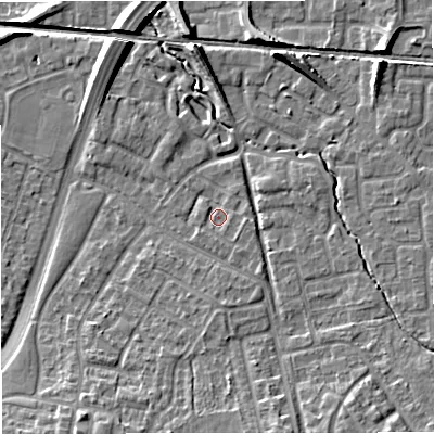 Shaded relief map of the ground around WA157ER, computed from Environment Agency LiDAR. The ground here sits at about 32 m above sea level and falls 10 m across the surrounding 800 m. Surface water reaching this point runs off ground lying to the south-south-east, 1.4 m higher.