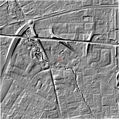 Shaded relief map of the ground around WA157LG, computed from Environment Agency LiDAR. The ground here sits at about 31 m above sea level and falls 9 m across the surrounding 800 m. Surface water reaching this point runs off ground lying to the north, 6.8 m higher.