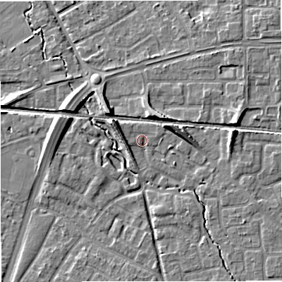 Shaded relief map of the ground around WA157LJ, computed from Environment Agency LiDAR. The ground here sits at about 32 m above sea level and falls 9 m across the surrounding 800 m. Surface water reaching this point runs off ground lying to the west-north-west, 4.4 m higher.