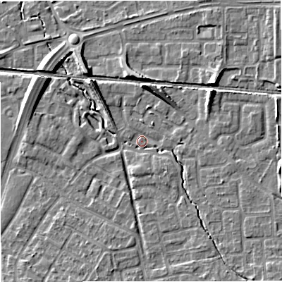Shaded relief map of the ground around WA157LQ, computed from Environment Agency LiDAR. The ground here sits at about 31 m above sea level and falls 9 m across the surrounding 800 m. Surface water reaching this point runs off ground lying to the north, 6.8 m higher.