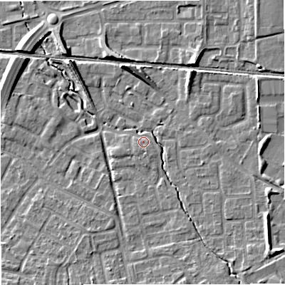 Shaded relief map of the ground around WA157LW, computed from Environment Agency LiDAR. The ground here sits at about 32 m above sea level and falls 8 m across the surrounding 800 m. Surface water reaching this point runs off ground lying to the south-south-east, 1.1 m higher.