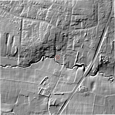 Shaded relief map of the ground around WA157NR, computed from Environment Agency LiDAR. The ground here sits at about 34 m above sea level and falls 13 m across the surrounding 800 m. Surface water reaching this point runs off ground lying to the north-east, 11.2 m higher.