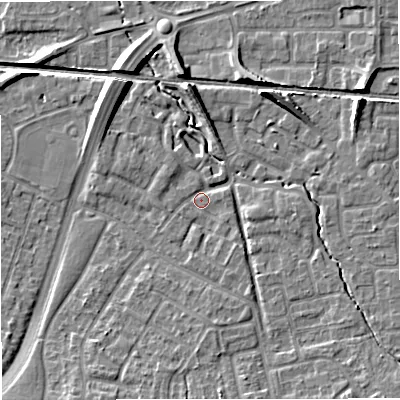 Shaded relief map of the ground around WA157NT, computed from Environment Agency LiDAR. The ground here sits at about 31 m above sea level and falls 10 m across the surrounding 800 m. Surface water reaching this point runs off ground lying to the north-north-east, 7.0 m higher.