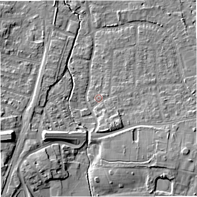 Shaded relief map of the ground around WA157QS, computed from Environment Agency LiDAR. The ground here sits at about 27 m above sea level and falls 14 m across the surrounding 800 m. Surface water reaching this point runs off ground lying to the south-south-east, 3.2 m higher.