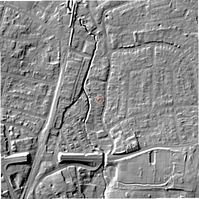 Shaded relief map of the ground around WA157QT, computed from Environment Agency LiDAR. The ground here sits at about 27 m above sea level and falls 15 m across the surrounding 800 m. Surface water reaching this point runs off ground lying to the south-south-east, 5.1 m higher.