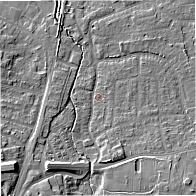 Shaded relief map of the ground around WA157QU, computed from Environment Agency LiDAR. The ground here sits at about 27 m above sea level and falls 15 m across the surrounding 800 m. Surface water reaching this point runs off ground lying to the south, 5.1 m higher.