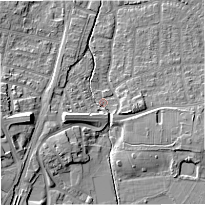 Shaded relief map of the ground around WA157QW, computed from Environment Agency LiDAR. The ground here sits at about 27 m above sea level and falls 14 m across the surrounding 800 m. Surface water reaching this point runs off ground lying to the west-south-west, 9.5 m higher.