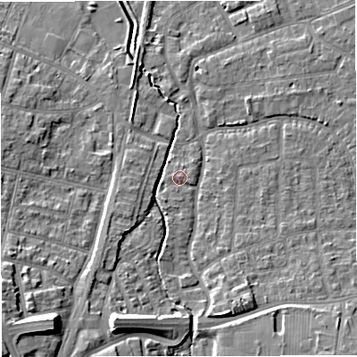 Shaded relief map of the ground around WA157QX, computed from Environment Agency LiDAR. The ground here sits at about 27 m above sea level and falls 15 m across the surrounding 800 m. Surface water reaching this point runs off ground lying to the south-south-east, 5.1 m higher.