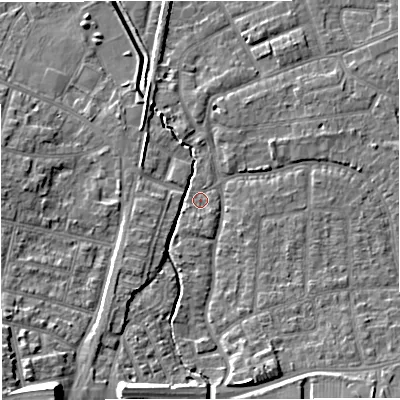 Shaded relief map of the ground around WA157QY, computed from Environment Agency LiDAR. The ground here sits at about 27 m above sea level and falls 15 m across the surrounding 800 m. Surface water reaching this point runs off ground lying to the south-south-east, 5.7 m higher.