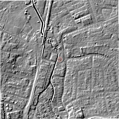 Shaded relief map of the ground around WA157QZ, computed from Environment Agency LiDAR. The ground here sits at about 26 m above sea level and falls 12 m across the surrounding 800 m. Surface water reaching this point runs off ground lying to the south-south-west, 5.8 m higher.