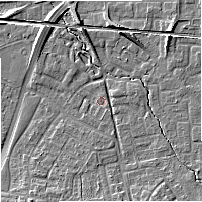 Shaded relief map of the ground around WA157RB, computed from Environment Agency LiDAR. The ground here sits at about 31 m above sea level and falls 9 m across the surrounding 800 m. Surface water reaching this point runs off ground lying to the south-south-east, 1.1 m higher.