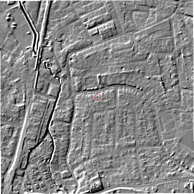 Shaded relief map of the ground around WA157RE, computed from Environment Agency LiDAR. The ground here sits at about 27 m above sea level and falls 10 m across the surrounding 800 m. Surface water reaching this point runs off ground lying to the south-east, 5.0 m higher.