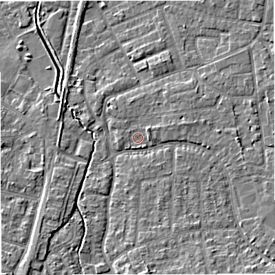 Shaded relief map of the ground around WA157RF, computed from Environment Agency LiDAR. The ground here sits at about 27 m above sea level and falls 8 m across the surrounding 800 m. Surface water reaching this point runs off ground lying to the north-east, 1.4 m higher.