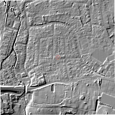 Shaded relief map of the ground around WA157RN, computed from Environment Agency LiDAR. The ground here sits at about 28 m above sea level and falls 12 m across the surrounding 800 m. Surface water reaching this point runs off ground lying to the south-south-east, 1.4 m higher.