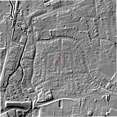 Shaded relief map of the ground around WA157RR, computed from Environment Agency LiDAR. The ground here sits at about 27 m above sea level and falls 12 m across the surrounding 800 m. Surface water reaching this point runs off ground lying to the south-south-east, 1.2 m higher.