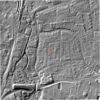 Shaded relief map of the ground around WA157RS, computed from Environment Agency LiDAR. The ground here sits at about 27 m above sea level and falls 12 m across the surrounding 800 m. Surface water reaching this point runs off ground lying to the south-south-east, 5.0 m higher.