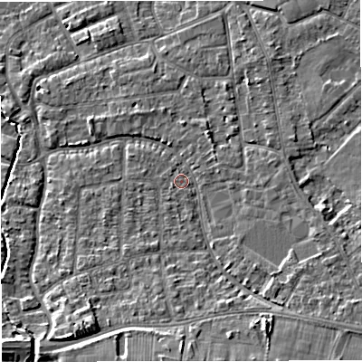 Shaded relief map of the ground around WA157RW, computed from Environment Agency LiDAR. The ground here sits at about 27 m above sea level and falls 7 m across the surrounding 800 m. Surface water reaching this point runs off ground lying to the south-south-east, 4.6 m higher.