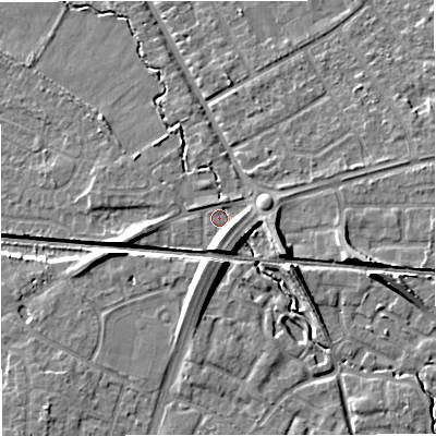 Shaded relief map of the ground around WA157XT, computed from Environment Agency LiDAR. The ground here sits at about 30 m above sea level and falls 10 m across the surrounding 800 m. Surface water reaching this point runs off ground lying to the south, 6.8 m higher.