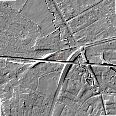 Shaded relief map of the ground around WA157XU, computed from Environment Agency LiDAR. The ground here sits at about 30 m above sea level and falls 10 m across the surrounding 800 m. Surface water reaching this point runs off ground lying to the west-north-west, 1.1 m higher.